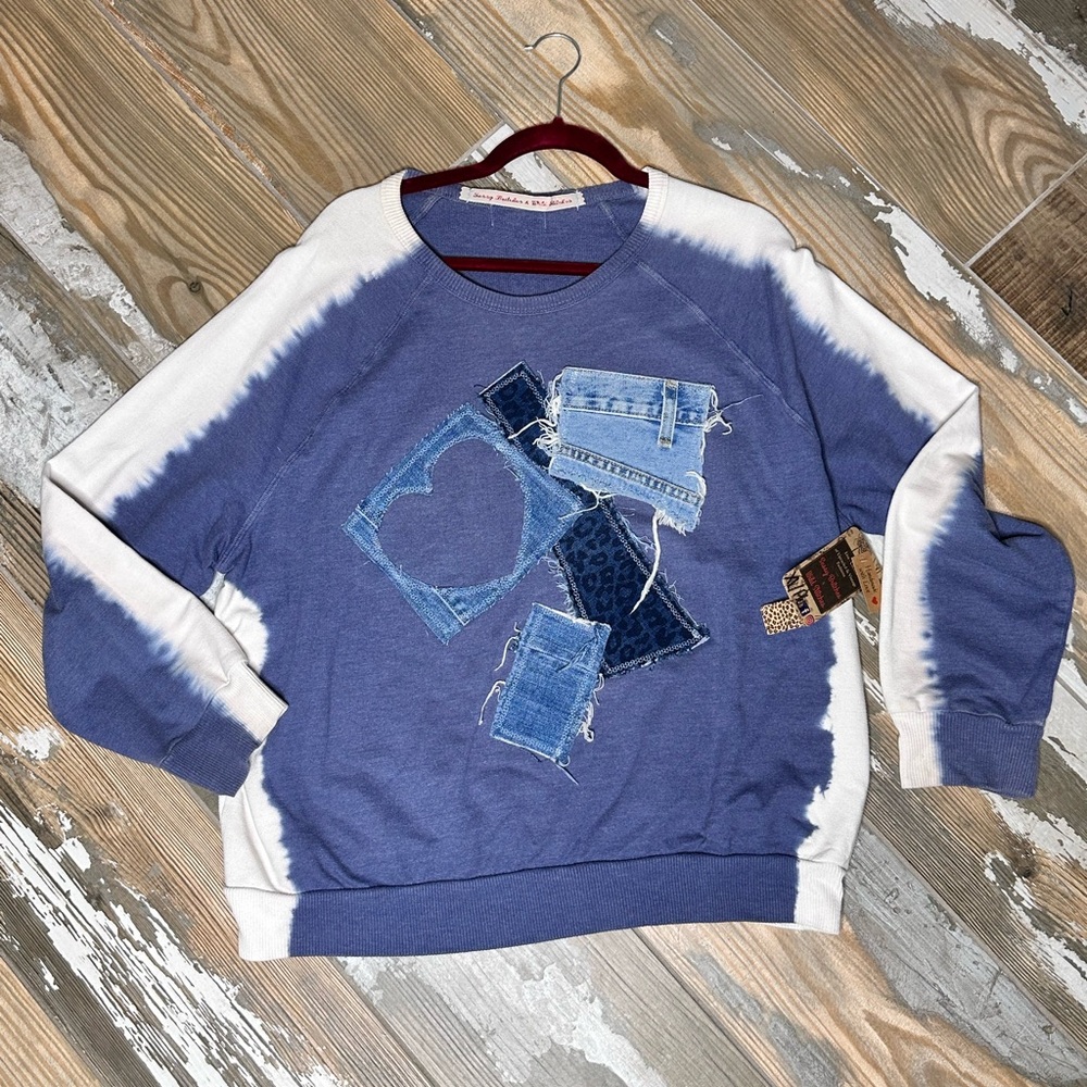 Handmade Upcycled Repurposed Rework Blue Tie Dye Denim Sweatshirt Gypsy Hippie